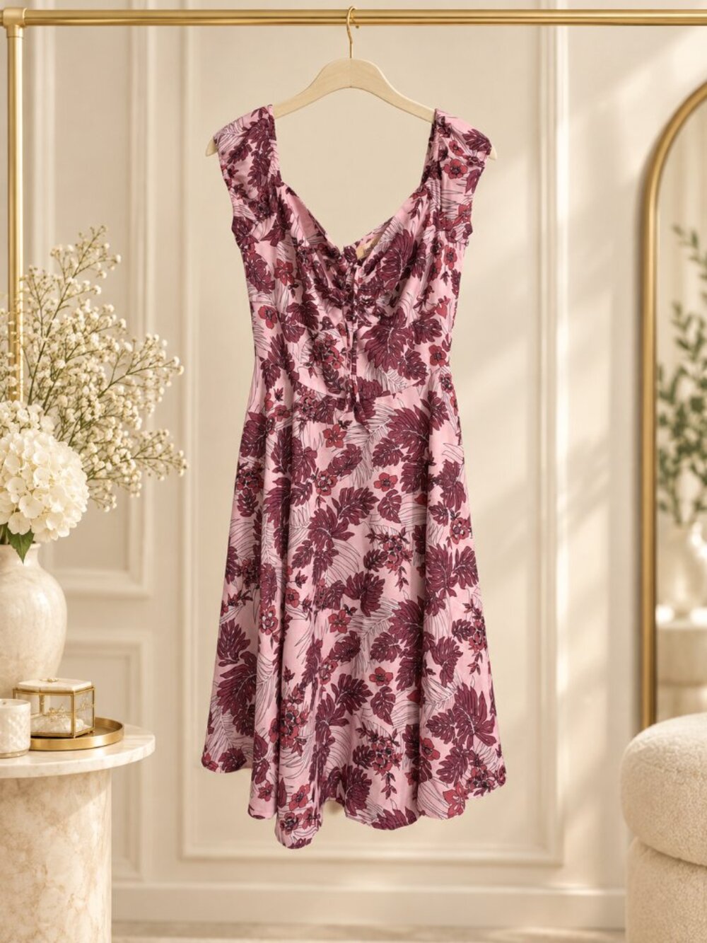 Timeless London Pink Burgundy Tropical Floral Midi Dress US 8 UK 12
